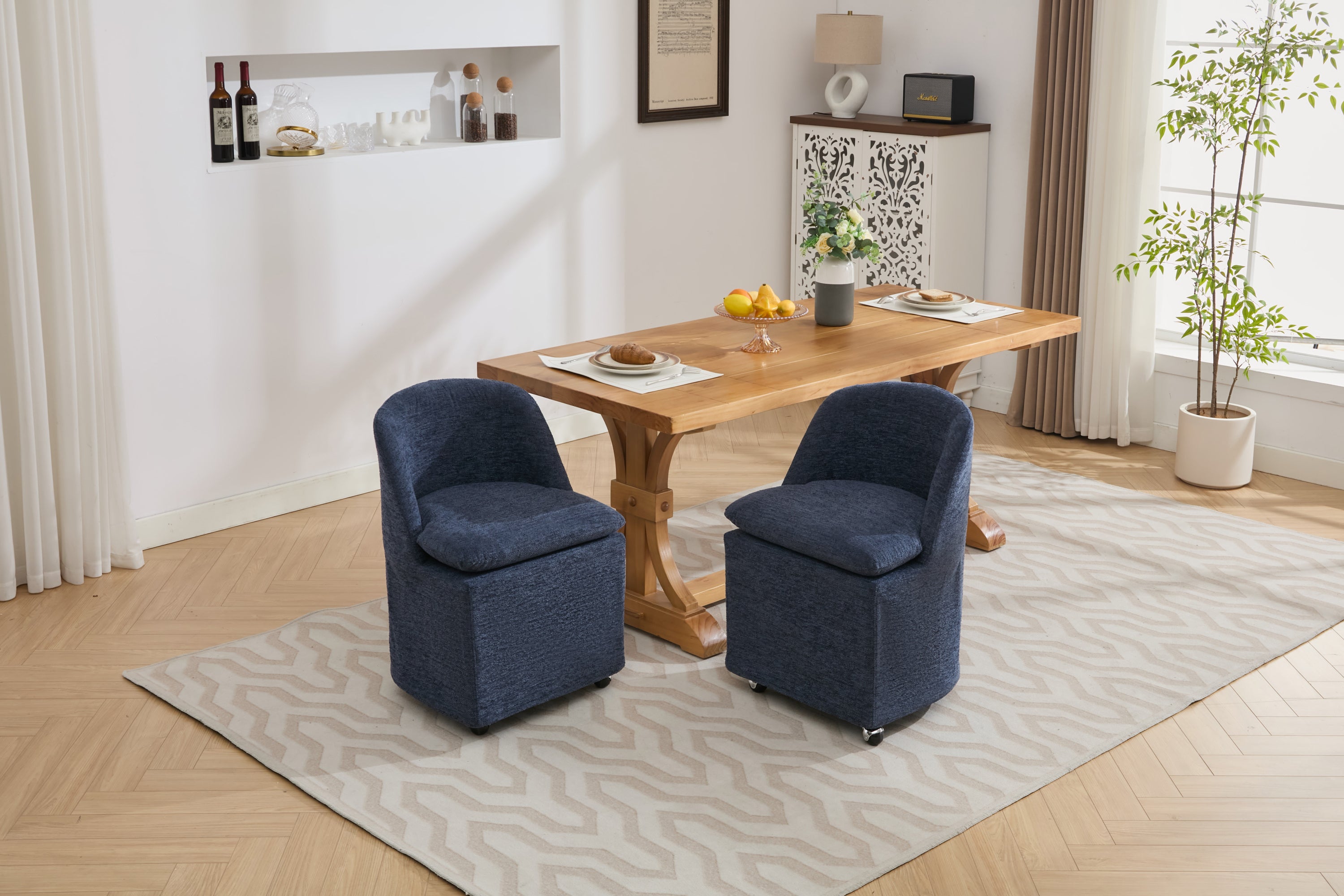 HAOYYE 058-Set of 2 Chenille Fabric Dining Chairs With Universal Wheels,Blue Sturdy Space-Saving Heavy Duty Modern Design Adults Dorm Room Easy Assembly Bedroom Furniture