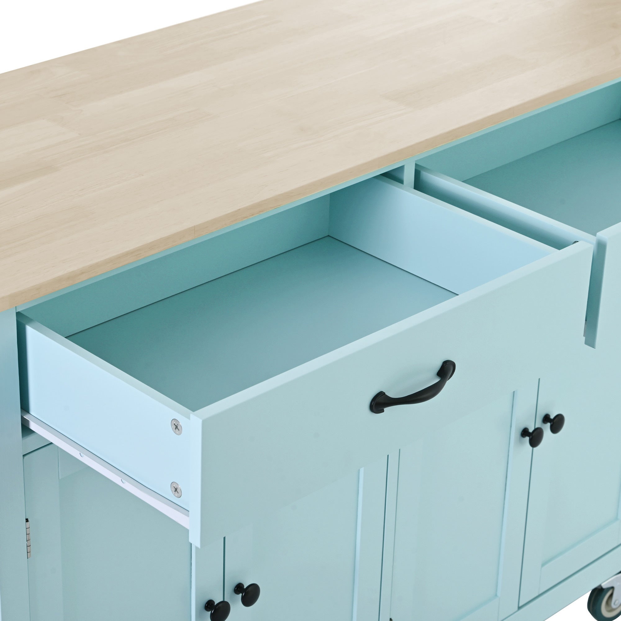 HAOYYE Kitchen Island Cart, Mint Green, with Solid Wood Top, 4-Door Cabinet, 2 Drawers, Adjustable Shelves, Spice Rack, Towel Bar, and 2 Locking Wheels. Modern, Space-Saving, Sturdy Heavy Duty Design for Easy Assembly and Versatile Use