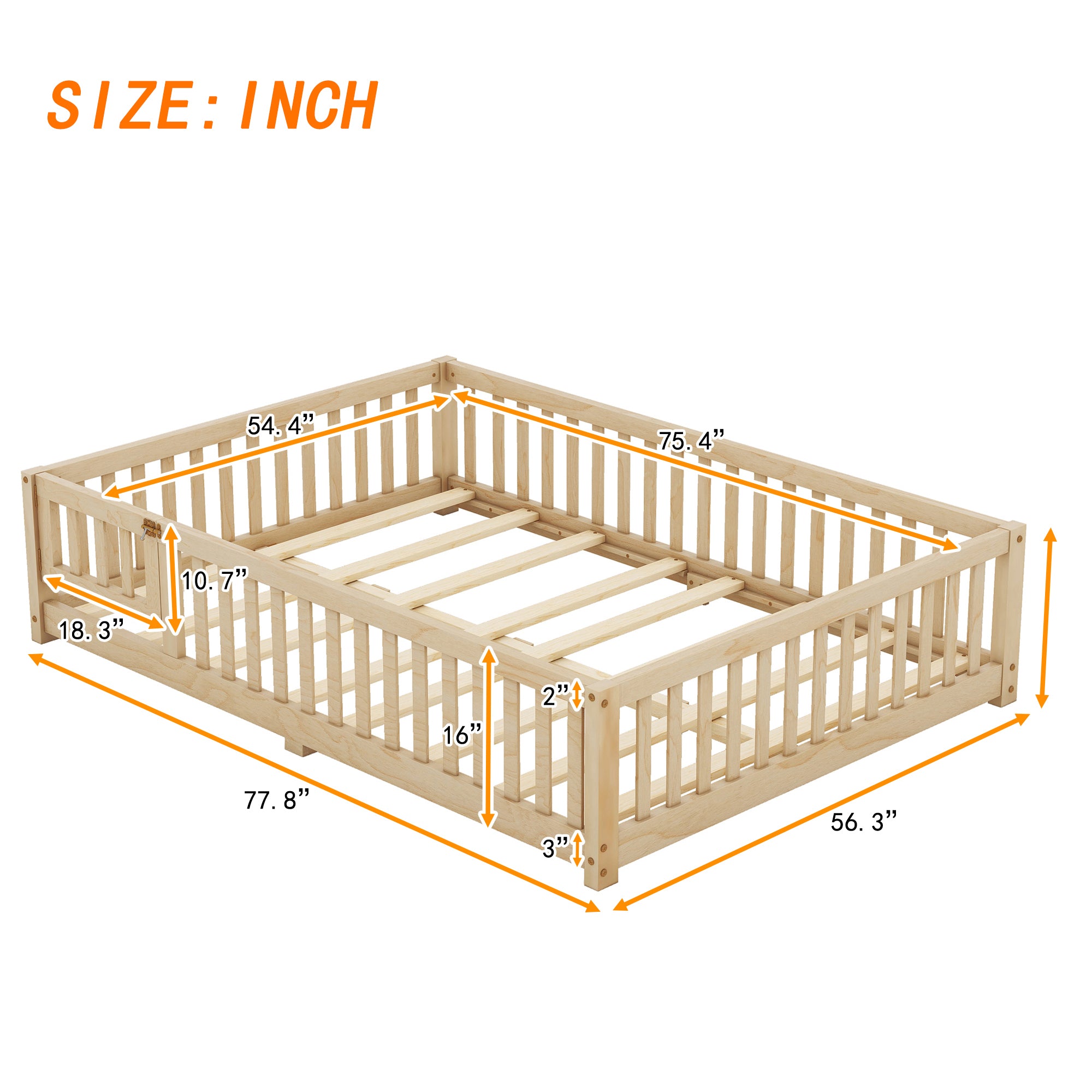 HAOYYE Full Size Bed Floor Bed with Safety Guardrails and Door for , Natural(Old SKU: W158090693) Sturdy Space-Saving Heavy Duty Modern Design Adults Dorm Room Easy Assembly Bedroom Furniture