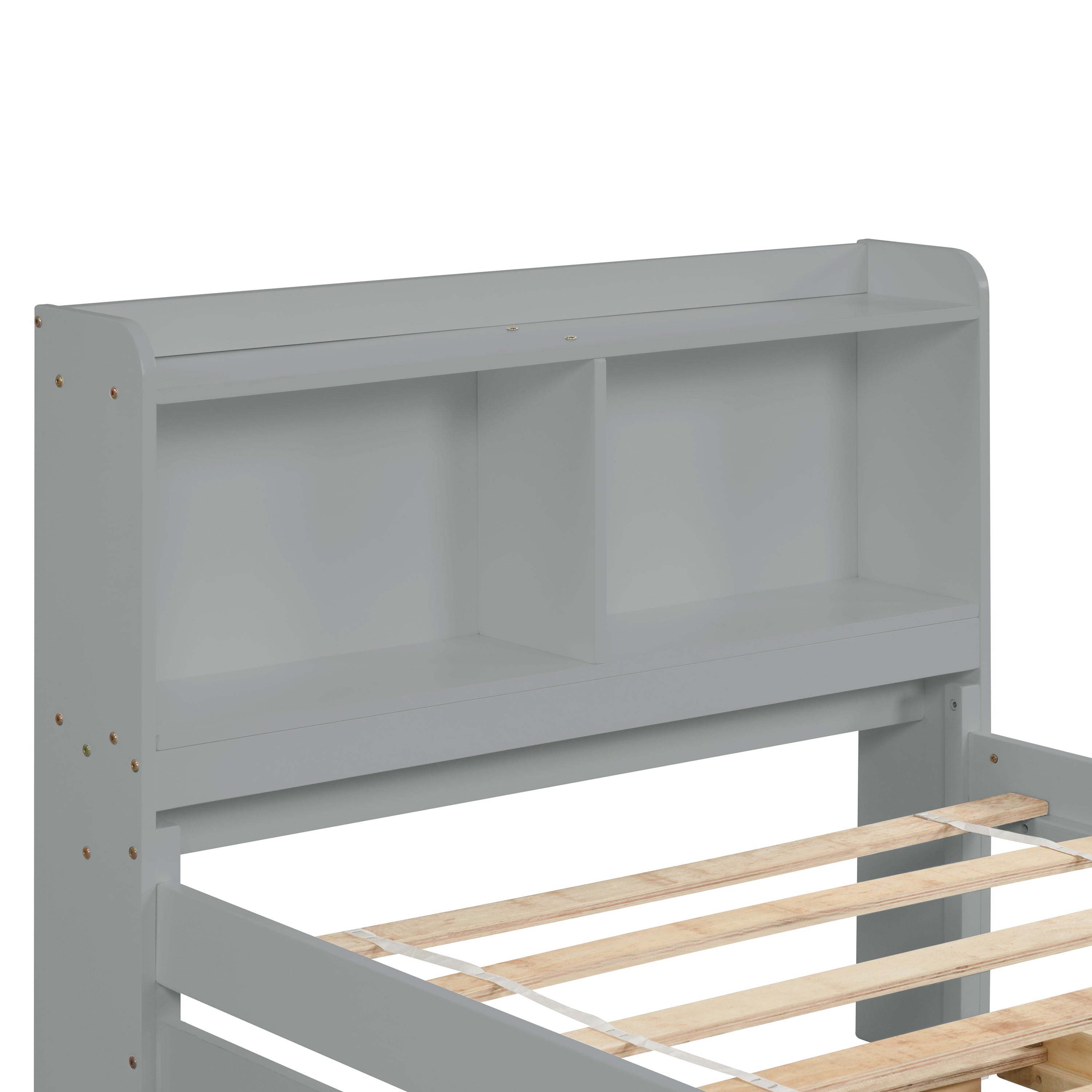 HAOYYE Twin Bed with Trundle,Bookcase,Grey Sturdy Space-Saving Heavy Duty Modern Design Adults Dorm Room Easy Assembly Bedroom Furniture