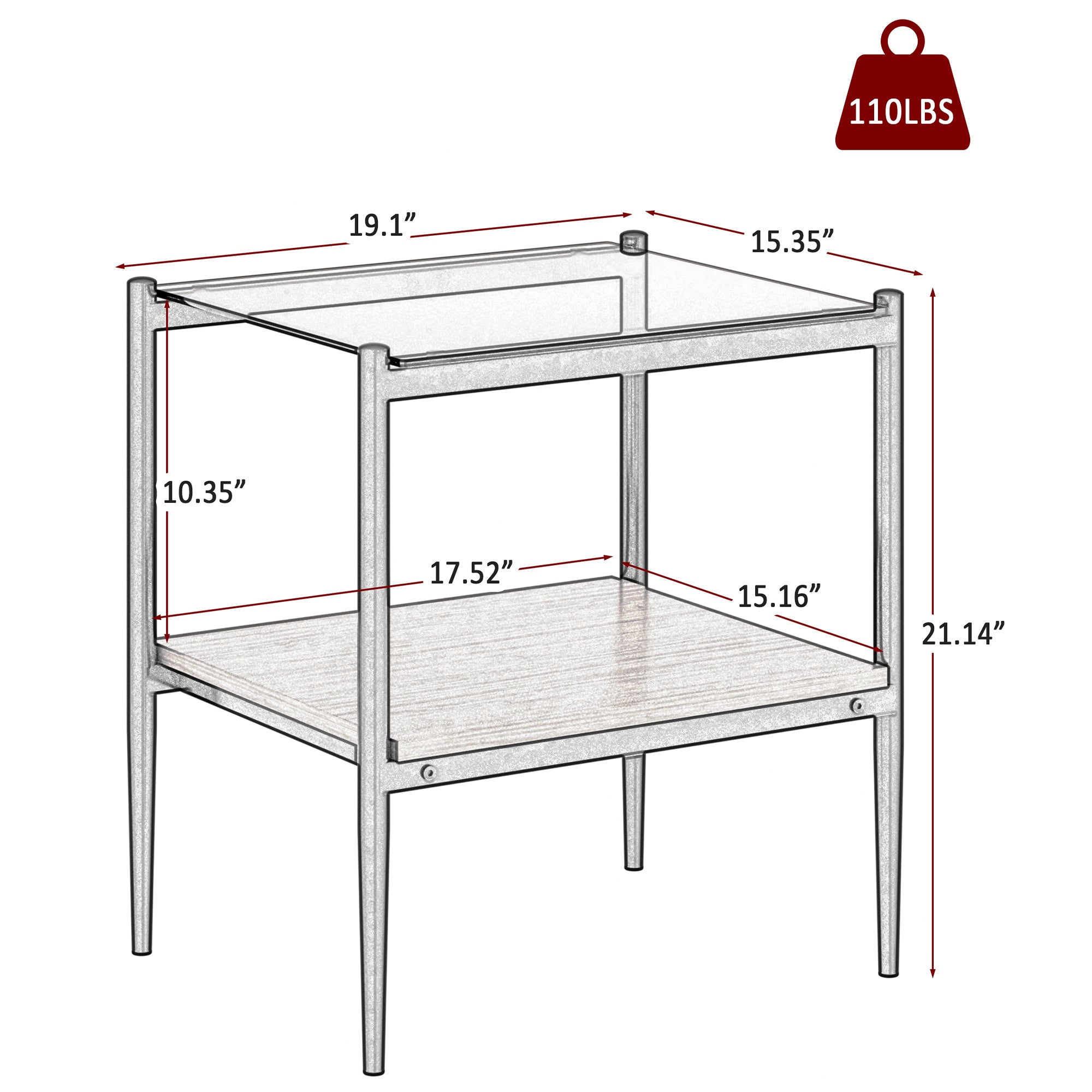 HAOYYE Modern Rectangle End Table Set of 2, Tempered Glass Tabletop With MDF Layer, Sturdy Space-Saving Heavy Duty Side Table For Living Room, Brown Finish, Easy Assembly