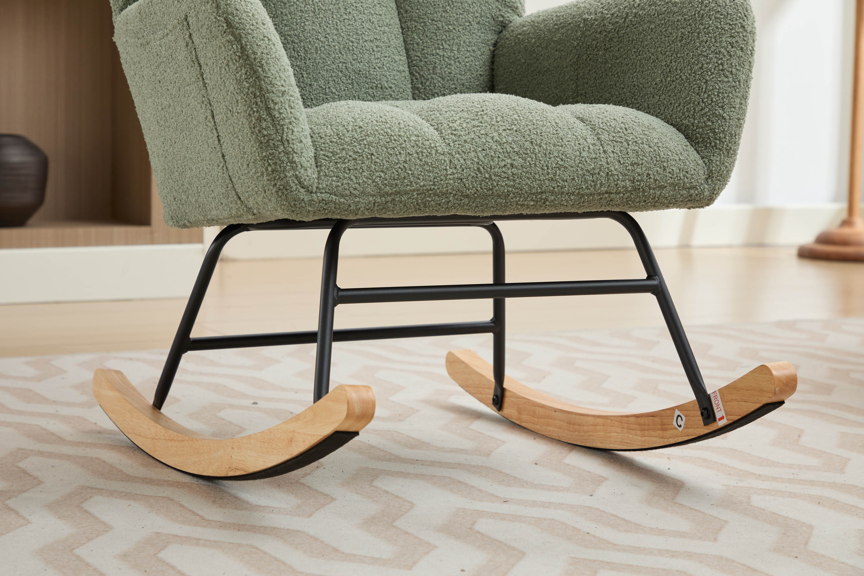 Haoyye Modern Upholstered Nursery Rocking Chair with High Backrest, Teddy Fabric Glider Accent Armchair with Solid Wood Legs and Metal Frame, Comfortable Rocker for Bedroom, Living Room or Lounge, Gentle Swing Chair in Green
