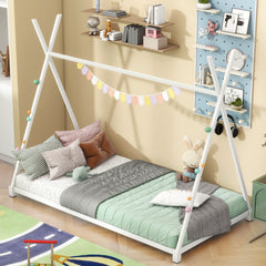 HAOYYE Metal Twin Size House Platform Bed with Triangle Structure, White Sturdy Space-Saving Heavy Duty Modern Design Adults Dorm Room Easy Assembly Bedroom Furniture