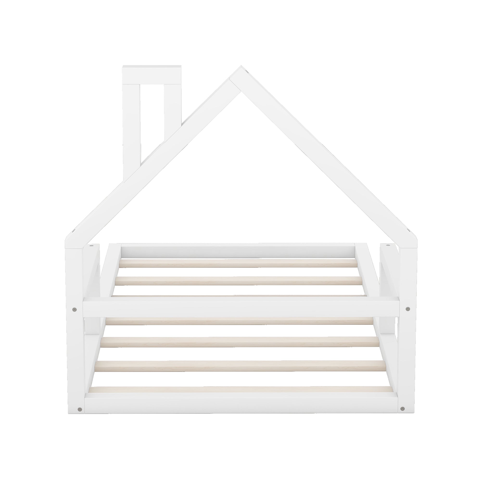 HAOYYE Twin Size Wood Floor Bed with House-shaped Headboard, White Sturdy Space-Saving Heavy Duty Modern Design Adults Dorm Room Easy Assembly Bedroom Furniture