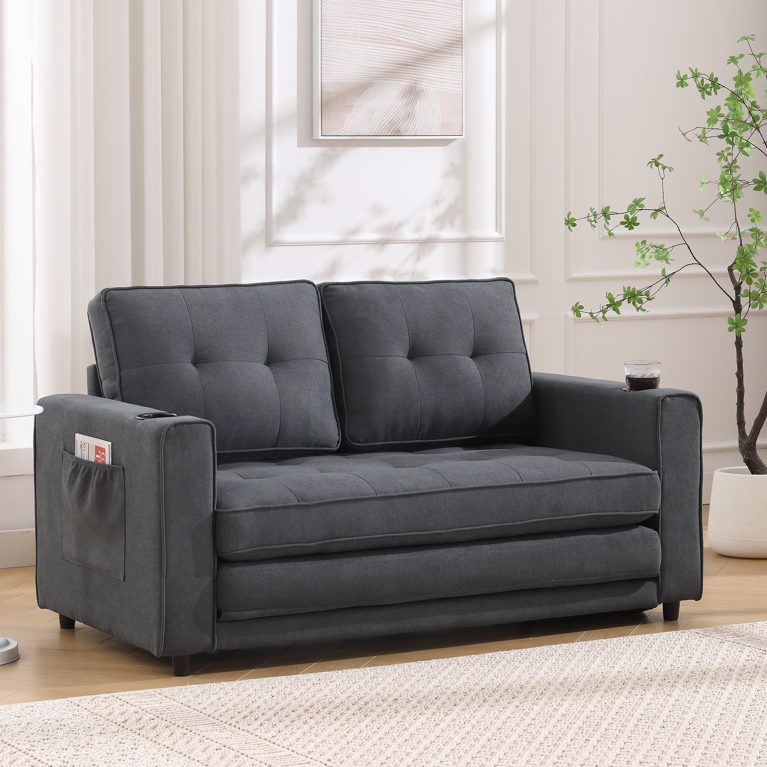 HAOYYE 3-in-1 Upholstered Convertible Futon Sofa Bed, Foldable Tufted Loveseat with Pull-Out Sleeper, Daybed with Side Pockets and Cup Holder, Dark Gray Sturdy Space-Saving Modern Design Easy Assembly