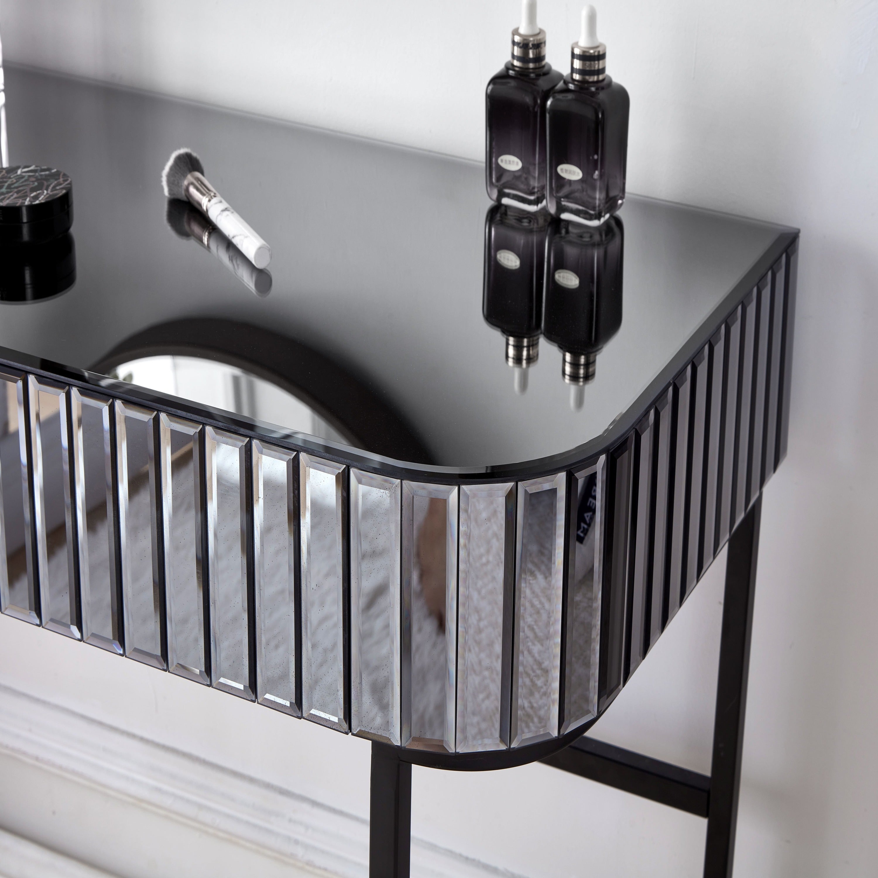 HAOYYE 39" Mirrored Makeup Vanity Table with Stainless Steel Base, Mirrored Console Dressing Table with 2 Drawers,Versatile Desk for Bedroom and Office, Gray