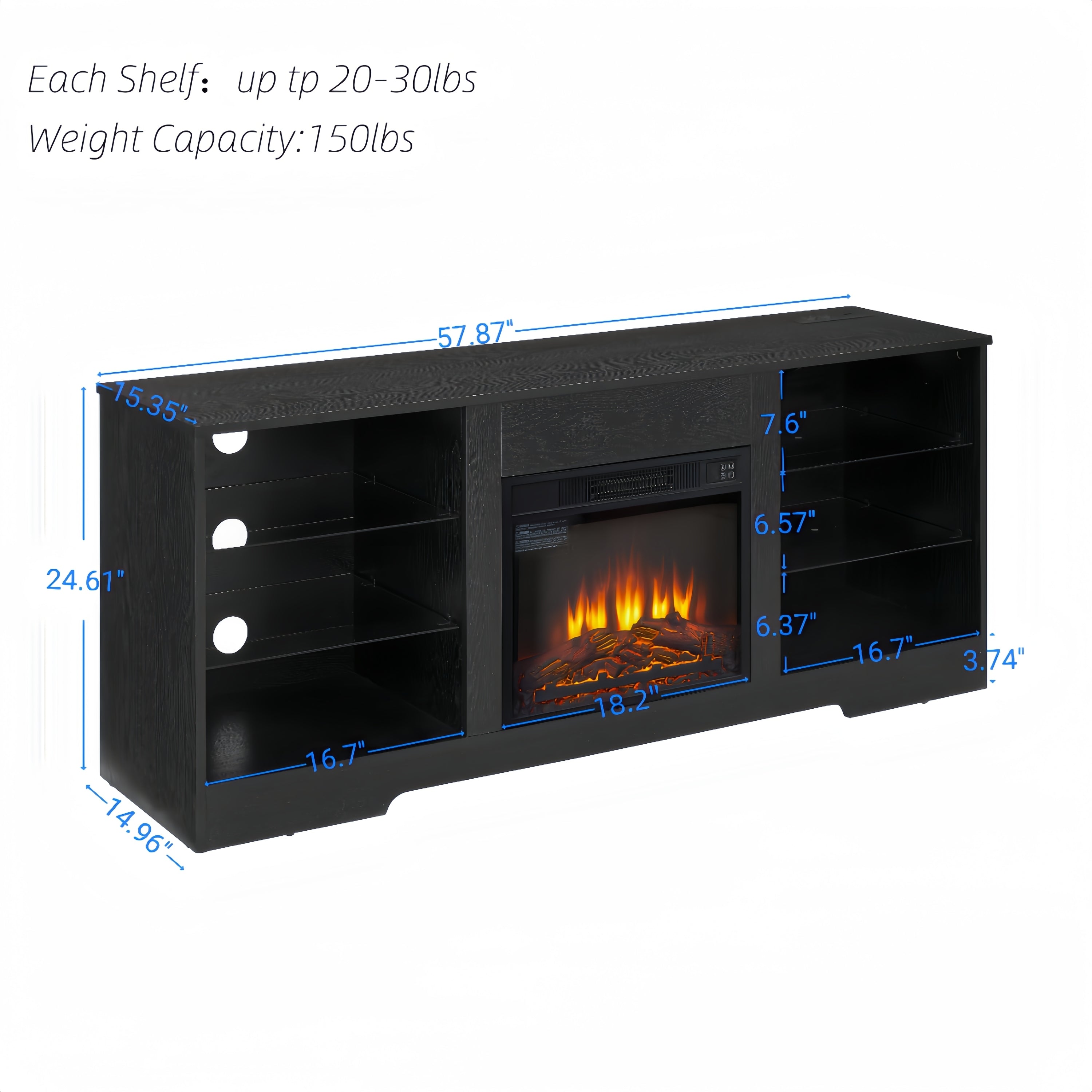HAOYYE Modern TV Stand With Electric Fireplace, Glass Shelves, 3D Wood Design, LED Lights, And USB Charging Outlet – Entertainment Console Table For TVs From 32 To 62 Inch, Sturdy, Space-Saving Heavy Duty Media Center In Black