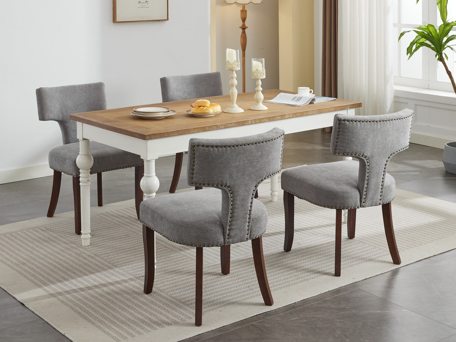 HAOYYE Mid Century Modern Dining Chairs Set of 2, Farmhouse Linen Fabric Upholstered Accent Chair Curved Backrest with Copper Nails around,Kitchen Chairs with Hardwood Frame, Gray Sturdy Space-Saving Durable