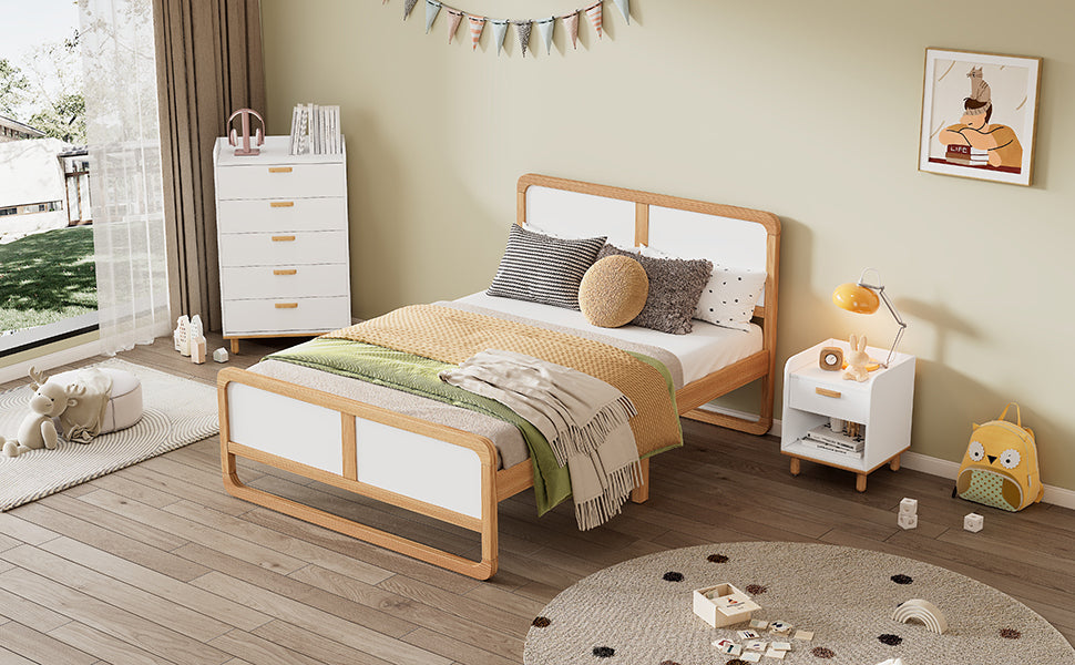 HAOYYE Modern Style Queen Size Solid Wood Platform Bed for , Teens, Adults, No Need Box Spring, Walnut and White Sturdy Space-Saving Heavy Duty Modern Design Dorm Room Easy Assembly Bedroom Furniture