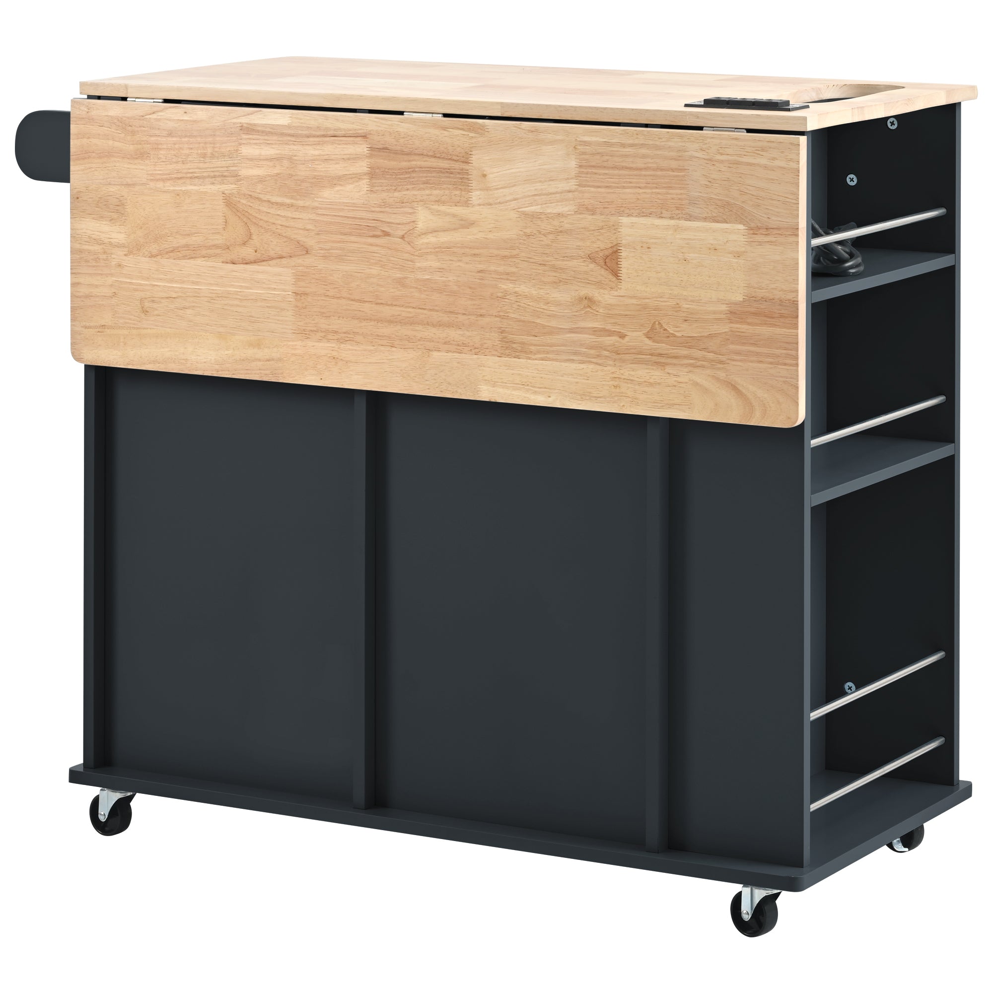 HAOYYE Kitchen Island with Power Outlet, Drop Leaf, Rubber Wood Top, Wine Rack, and Adjustable Storage. Black Kitchen Storage Island on Wheels, Ideal for Home, Kitchen, and Dining Room