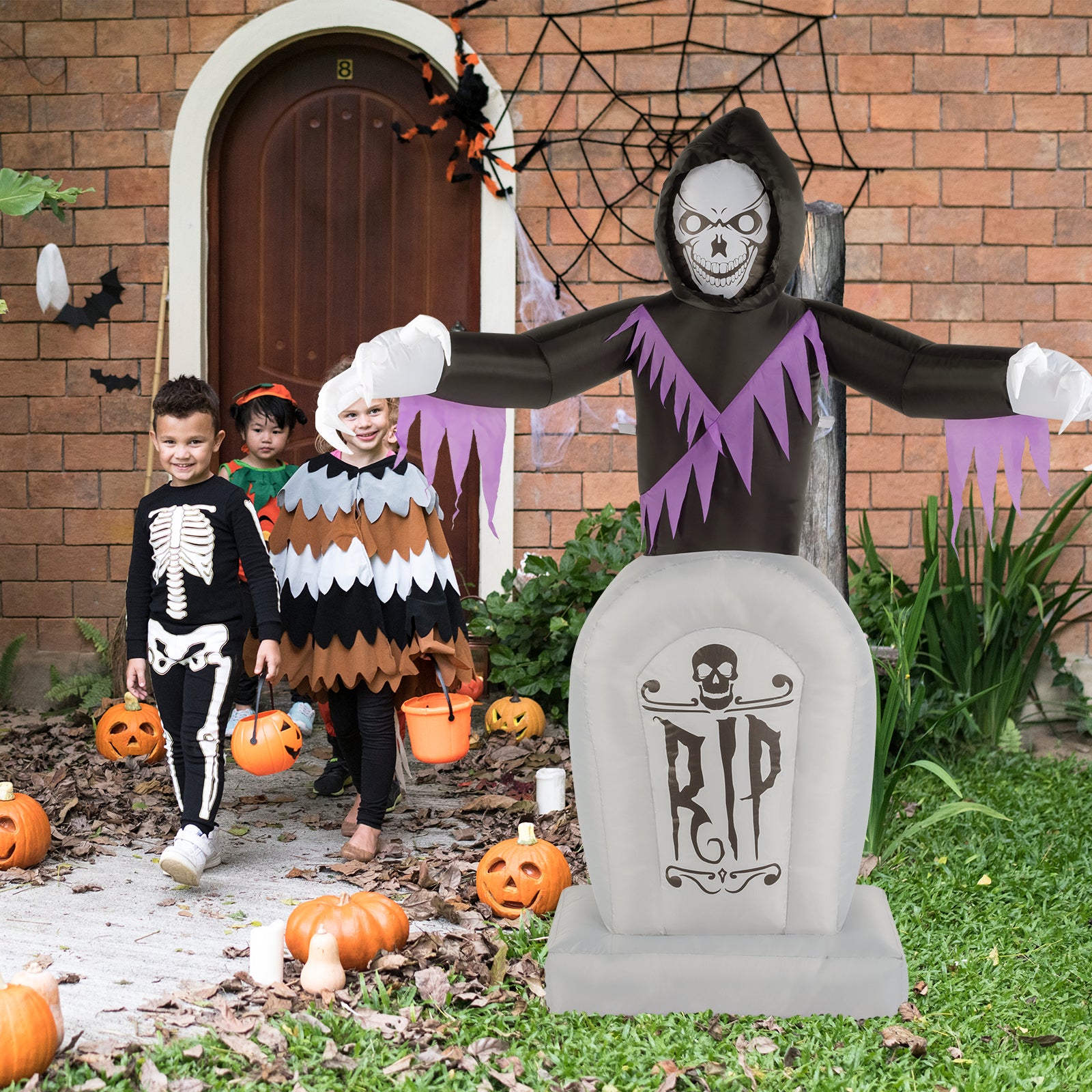 HAOYYE Halloween Inflatable Decoration Black 3-Piece Grim Reaper and Grave Set with LED String Lights Powerful Blower Easy Setup Waterproof Polyester for Garden Yard Lawn Patio Outdoor Party