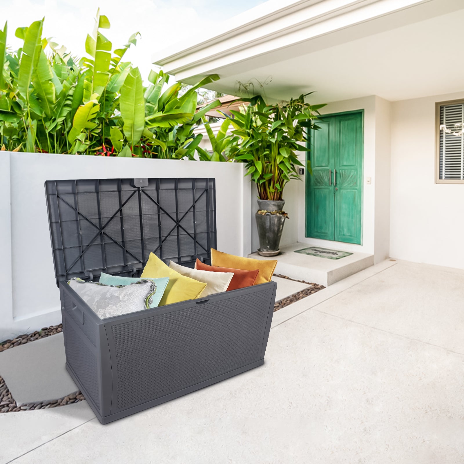 HAOYYE 120 Gallon Outdoor Plastic Storage Deck Box Waterproof Lockable Garden Chest with Lid for Patio Tools Cushions Pool Accessories Toys Backyard Bench Style Container with Seating Function 460 Liter Capacity
