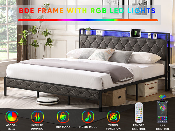 HAOYYE King Bed Frame with Storage Headboard, Charging Station and LED Lights, Upholstered Platform Bed with Heavy Metal Slats, No Box Spring Needed, Noise Free, Easy Assembly, Dark Gray Sturdy Space-Saving
