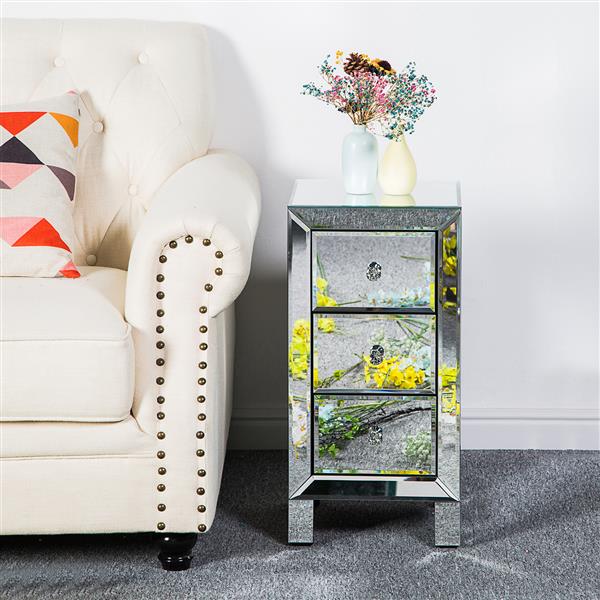 HAOYYE Modern Mirrored Nightstand with 3 Drawers, Contemporary Bedside Table with Glass Surface and Crystal Knobs, Stylish Storage Cabinet for Bedroom Living Room Decor
