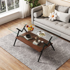 HAOYYE Rectangle Coffee Table with Tempered Glass top and Black Metal Legs, Modern Table for Living Room , Transparent Glass Sturdy Space-Saving Heavy Duty Modern Design Adults Dorm Room Easy Assembly