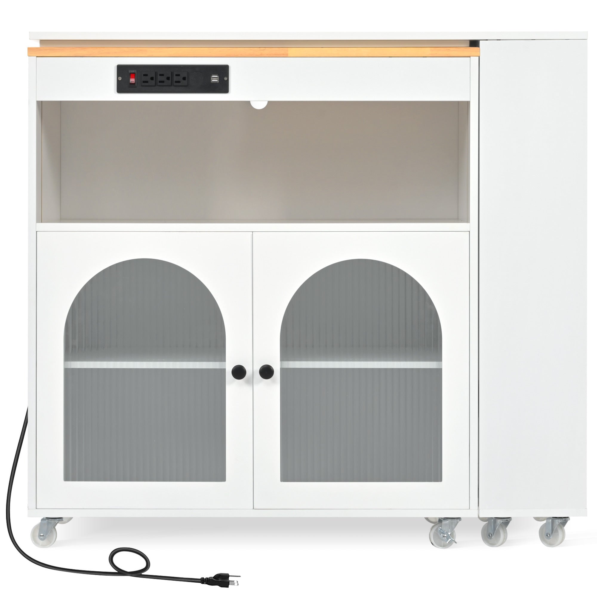 HAOYYE K&K Rolling Kitchen Island With Extended Table, Kitchen island on Wheels with LED Lights,Power Outlets and 2 Fluted Glass Doors, Kitchen Island with a Storage Compartment and Side 3 Open Shelves,White
