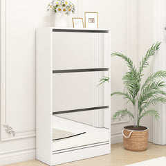 HAOYYE Narrow Shoe Storage Cabinet with Mirror, Wood Slim Shoe Rack 3 Tier Shoe Organizer for Home and Apartment, White Sturdy Space-Saving Heavy Duty Modern Design Adults Dorm Room Easy Assembly