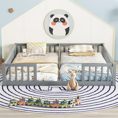 HAOYYE Double Twin Floor Bed with Fence, Guardrails, without door, Grey Sturdy Space-Saving Heavy Duty Modern Design Easy Assembly Durable Stylish Home Furniture Versatile