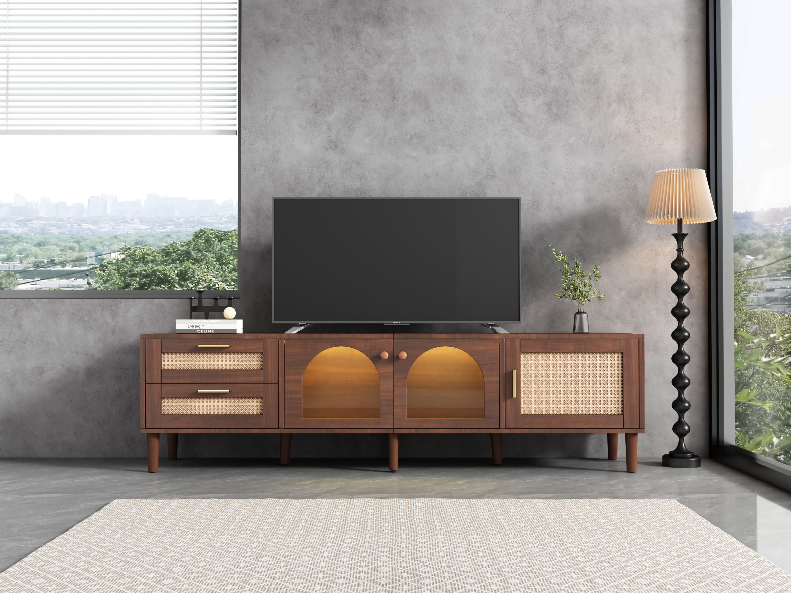 HAOYYE Rattan TV Stand with 3 Cabinets & 2 Drawers, Rattan-Inspired Media Console Table for TVs up to 80", LED Light Entertainment Center, TV Cabinet for Living Room, Bedroom, Home Theater, Sturdy Heavy Duty Construction