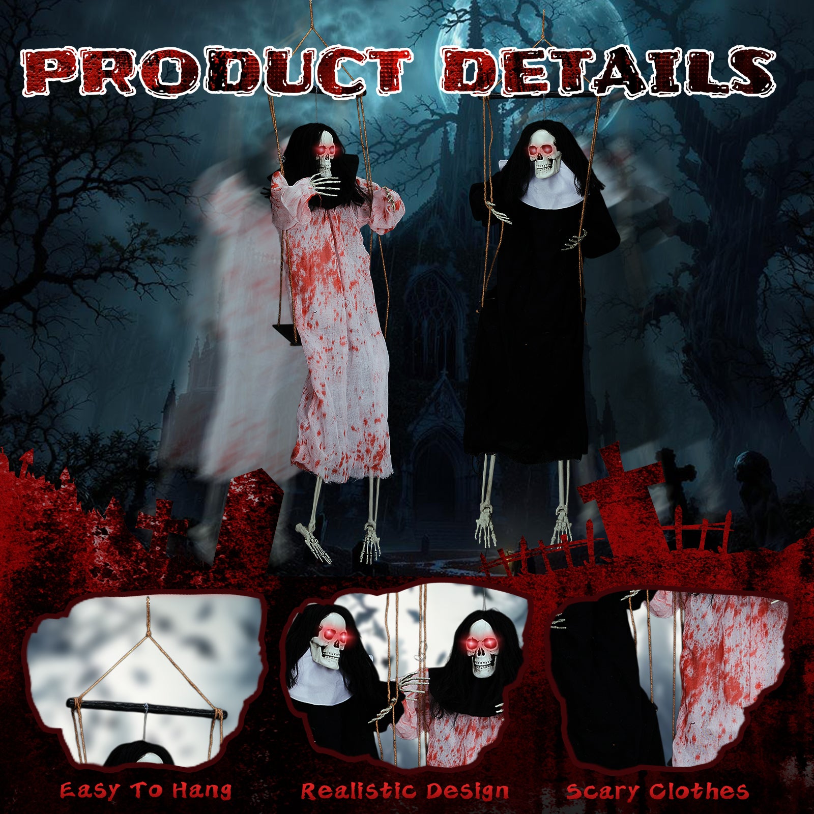 HAOYYE Black Outdoor Halloween Decorations Hanging Ghosts with Light Up Eyes and Screaming Sound, 2 Pack Grim Reaper Halloween Props for Yard Patio Garden Porch, Battery Powered Spooky Halloween Decor