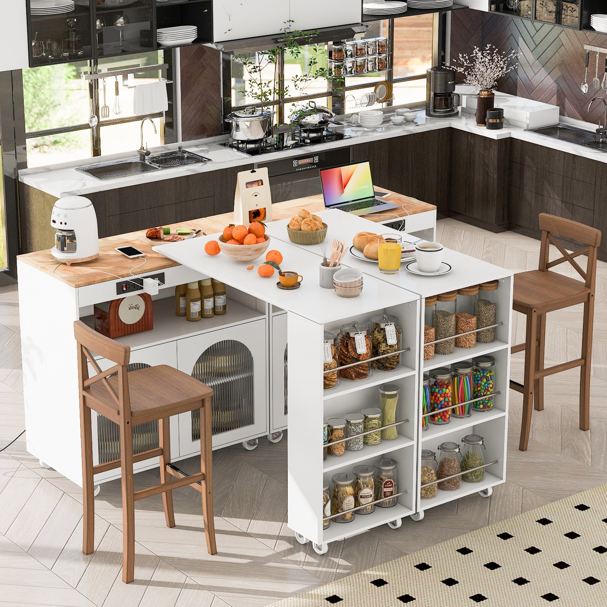 HAOYYE K&K Rolling Kitchen Island With Extended Table, Kitchen island on Wheels with LED Lights,Power Outlets and 2 Fluted Glass Doors, Kitchen Island with a Storage Compartment and Side 3 Open Shelves,White