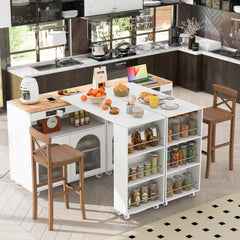 HAOYYE K&K Rolling Kitchen Island With Extended Table, Kitchen island on Wheels with LED Lights,Power Outlets and 2 Fluted Glass Doors, Kitchen Island with a Storage Compartment and Side 3 Open Shelves,White