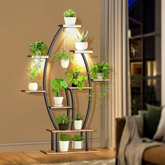 HAOYYE 9-Tier Plant Stand With Grow Lights Indoor 59 Inch Tall Leaf Shaped Metal Plant Shelf Adjustable Full Spectrum Lighting For Indoor Plants Home Office Patio Gardening