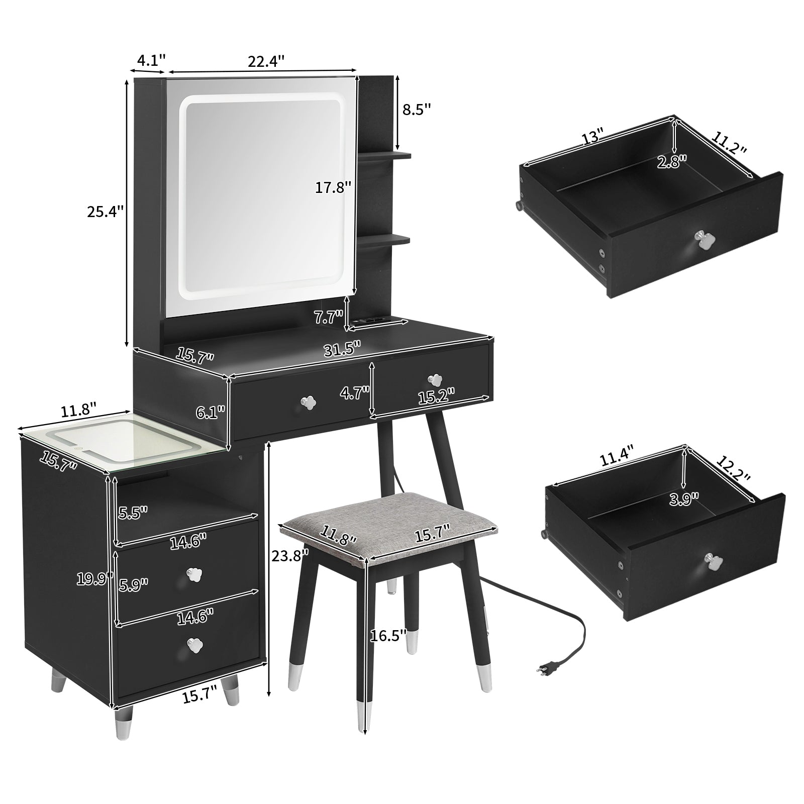 HAOYYE Vanity Dressing Table Set with LED Three-Tone Light Mirror, 4 Drawers, 2-Layer Shelf, Mirror Cabinet with Light Strips, Pitted Particle Board with Melamine Finish, Solid Wood Legs with Copper Sheath, Makeup Desk with Storage for Bedroom