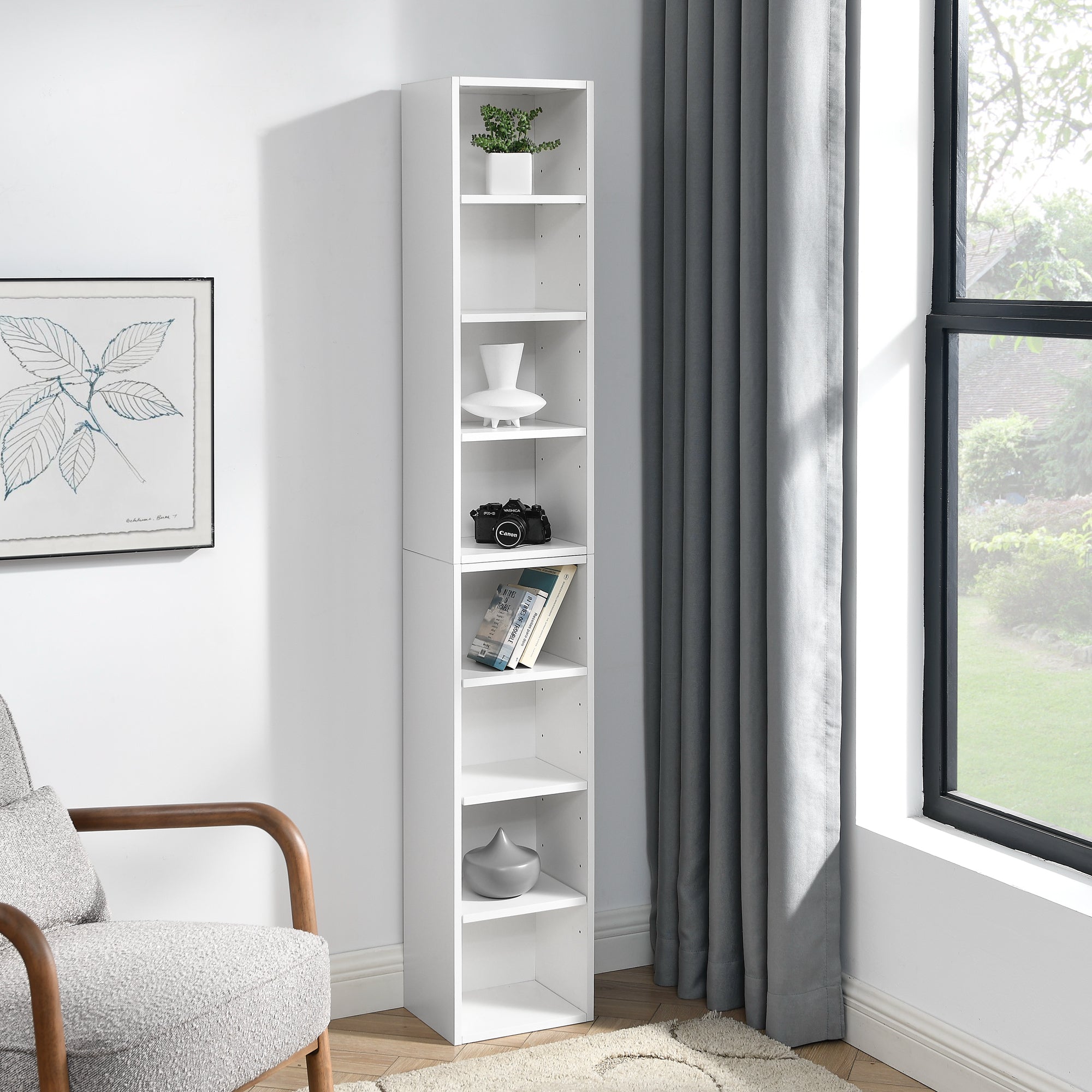 Haoyye 8-Tier Media Tower Rack, CD DVD Slim Storage Cabinet, Adjustable Shelves for Home Office, Multifunctional Double-Decker Bookcase, Sturdy Space-Saving Bookshelf for Tall Narrow Display