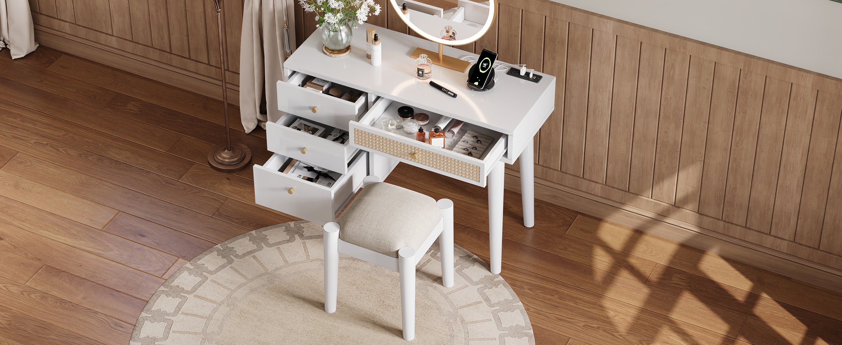 HAOYYE 39" Retro Bohemian Style Wooden Makeup Vanity Set with Charging Plug&USB Port and Stool, Dressing Table with 3 Storage Drawers and 1 Rectangular Rattan Drawer, White