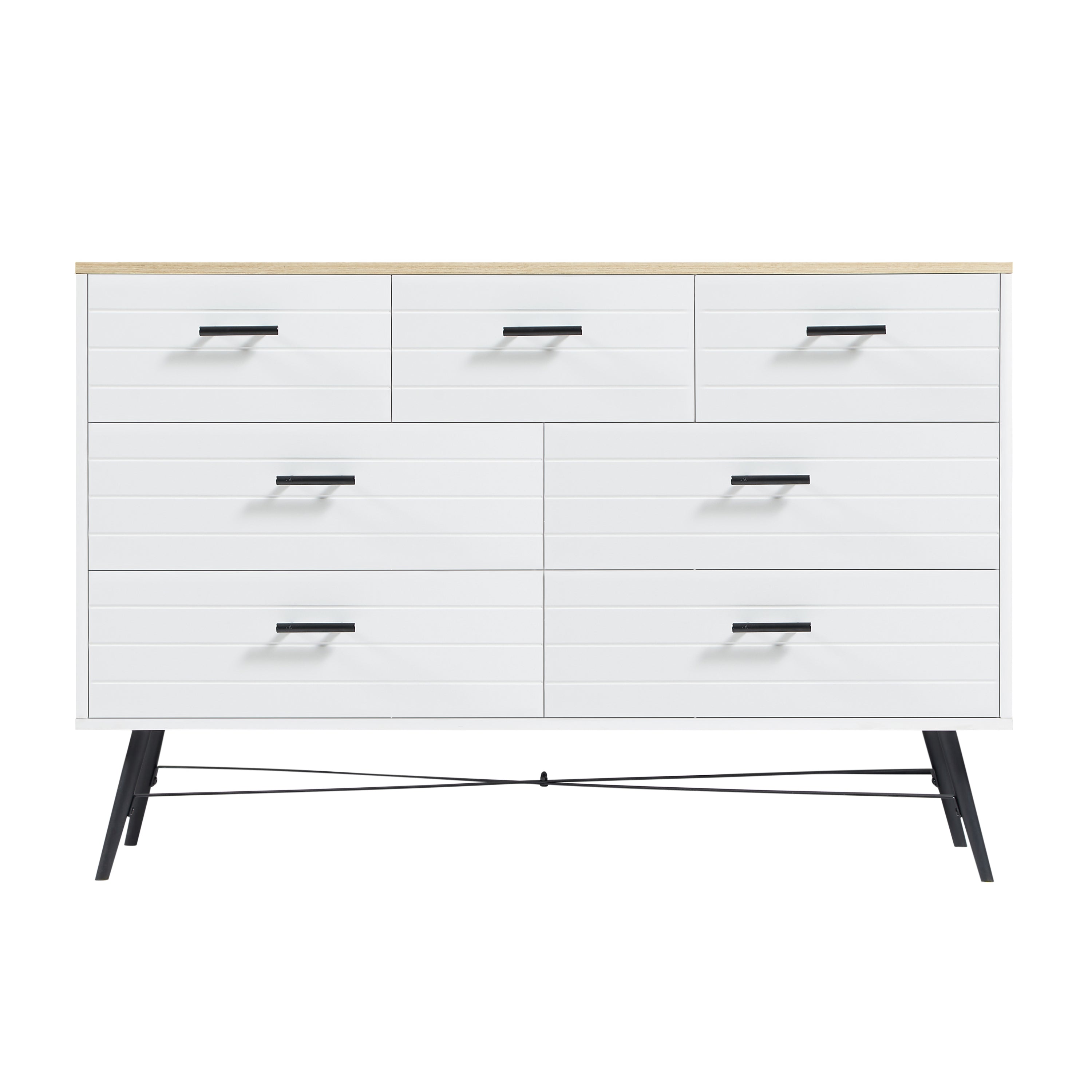 HAOYYE 7-Drawer Dresser for Bedroom with Deep Drawers, Modern White Wood Chest of Drawers, Long Storage Dresser for Closet and Living Room, White & Oak, Sturdy Space-Saving Design, Ideal for Organizing Clothes and Essentials