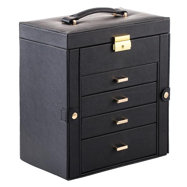 HAOYYE Black Synthetic Leather Jewelry Box – Large Mirrored Watch Organizer With Necklace, Ring, And Earring Storage – Lockable Case With Soft Velvet Lining, Elegant Home Décor, Luxury Design, Perfect Gift For Women