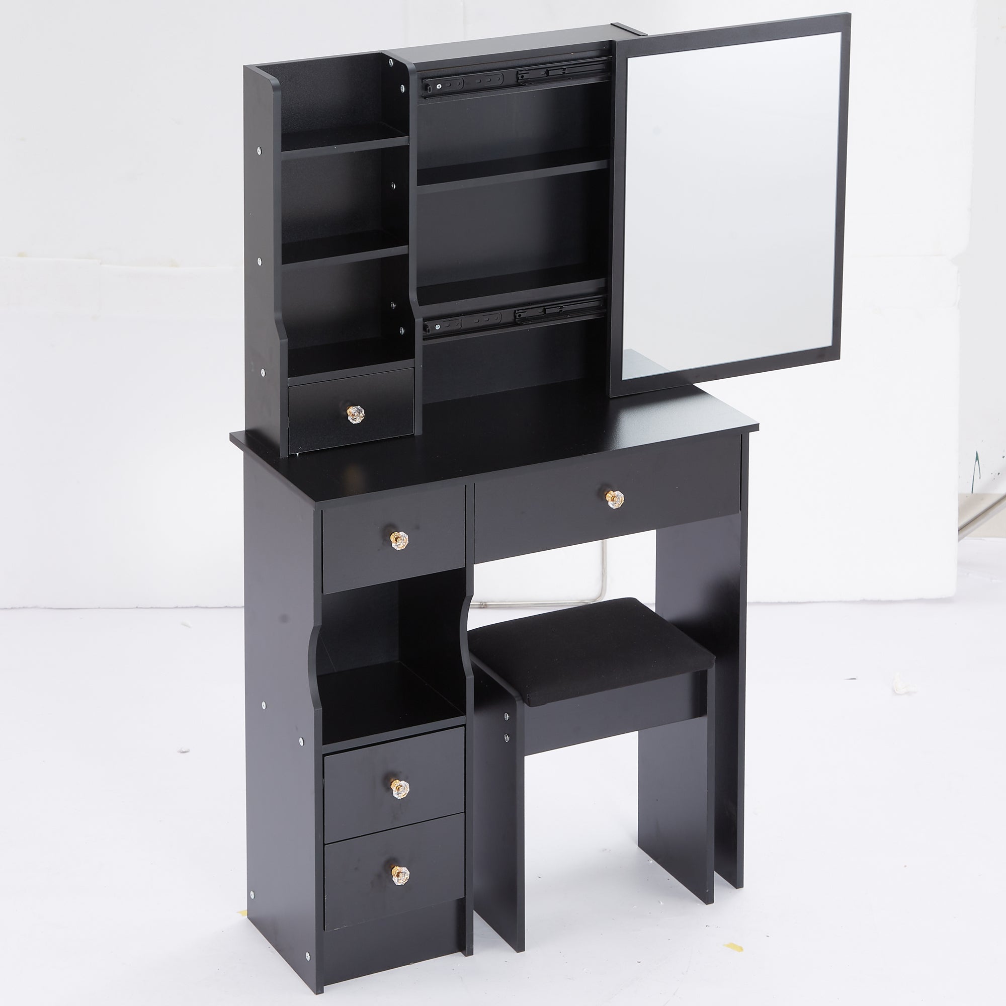 HAOYYE Small Size Left Drawer Desktop Vanity Table + Cushioned Stool, Extra Large Sliding Mirror, Multi Layer, High Capacity Storage Fashionable Dresser, Suitable for Small Space, EPA,GCC,UL Certificate