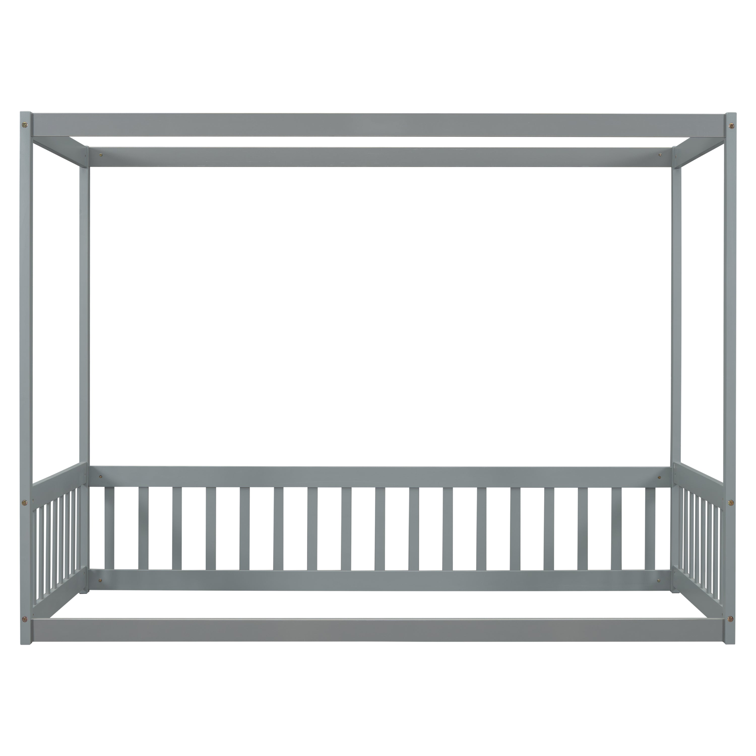 HAOYYE Twin Size Canopy Frame Floor Bed with Fence, Guardrails,Grey Sturdy Space-Saving Heavy Duty Modern Design Adults Dorm Room Easy Assembly Bedroom Furniture