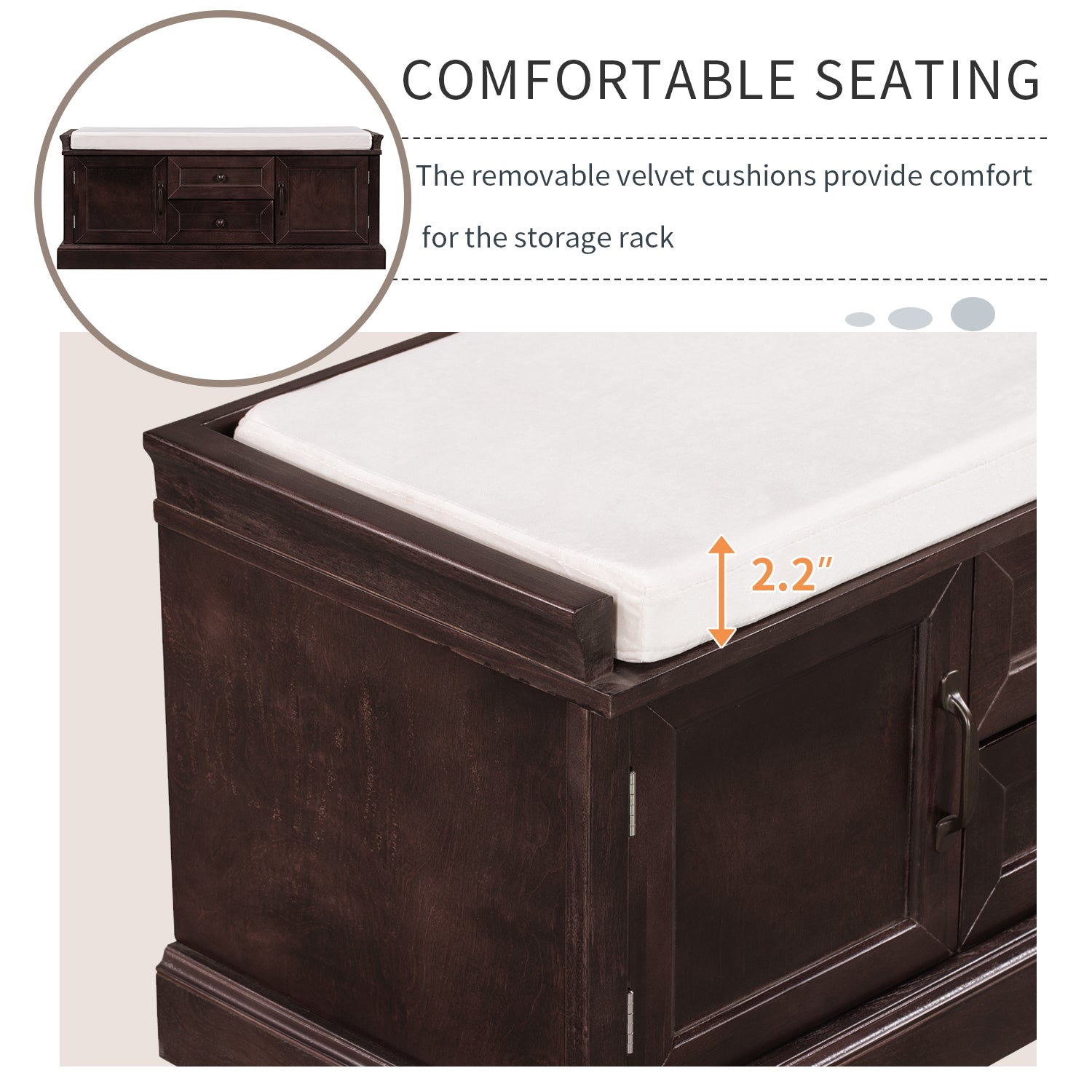 HAOYYE Storage Bench with 2 Drawers and Cabinets, Shoe Bench with Removable Cushion for Living Room, Entryway, Sturdy Space-Saving Heavy Duty Construction, Espresso Finish, Modern Design for Adults and Dorm Rooms