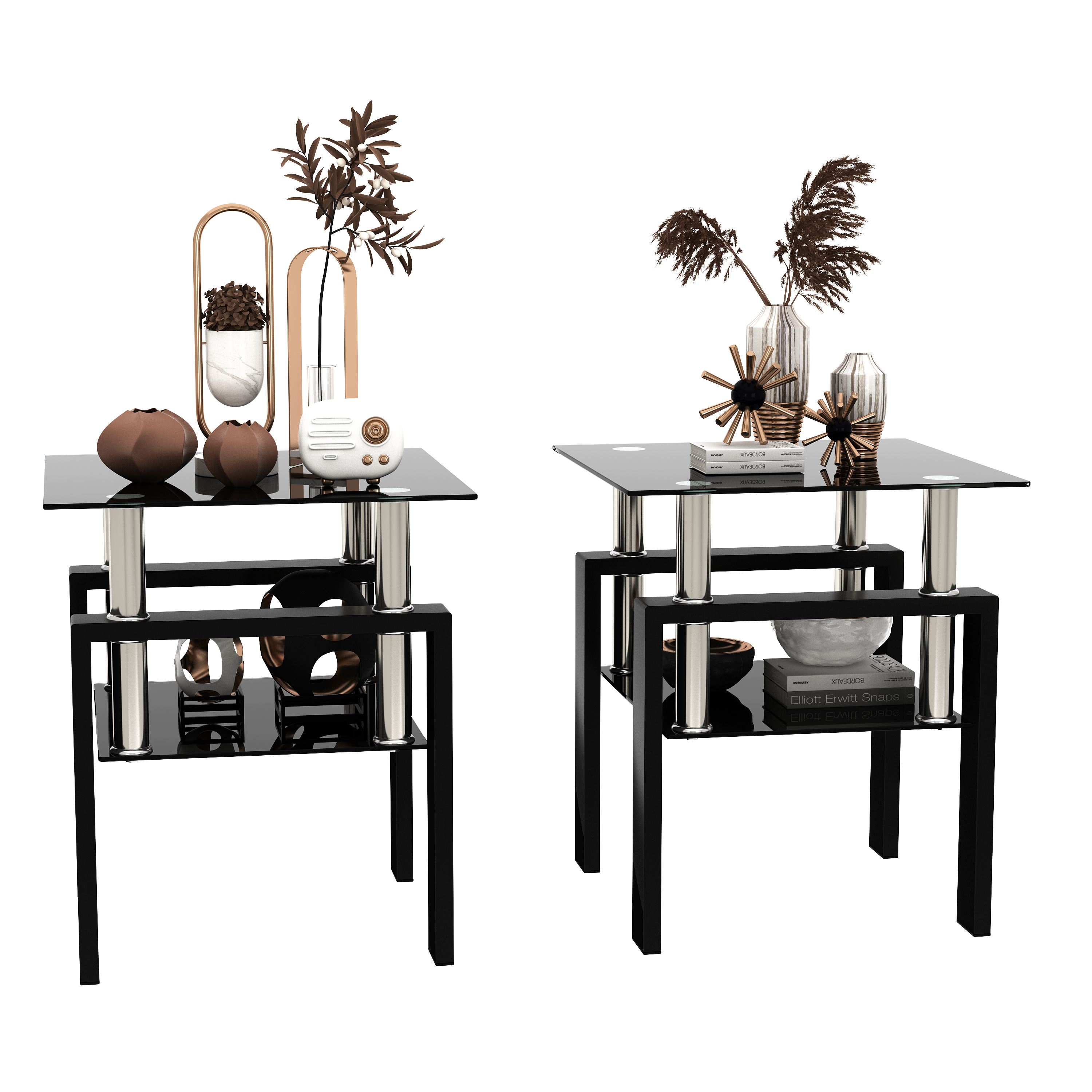 HAOYYE Set of 2 Modern Tempered Glass Coffee Tables, Square End Tables with Sturdy Black Frame, Stylish and Durable for Living Room, Space-Saving Design, Easy Assembly, Heavy Duty Modern Home Furniture