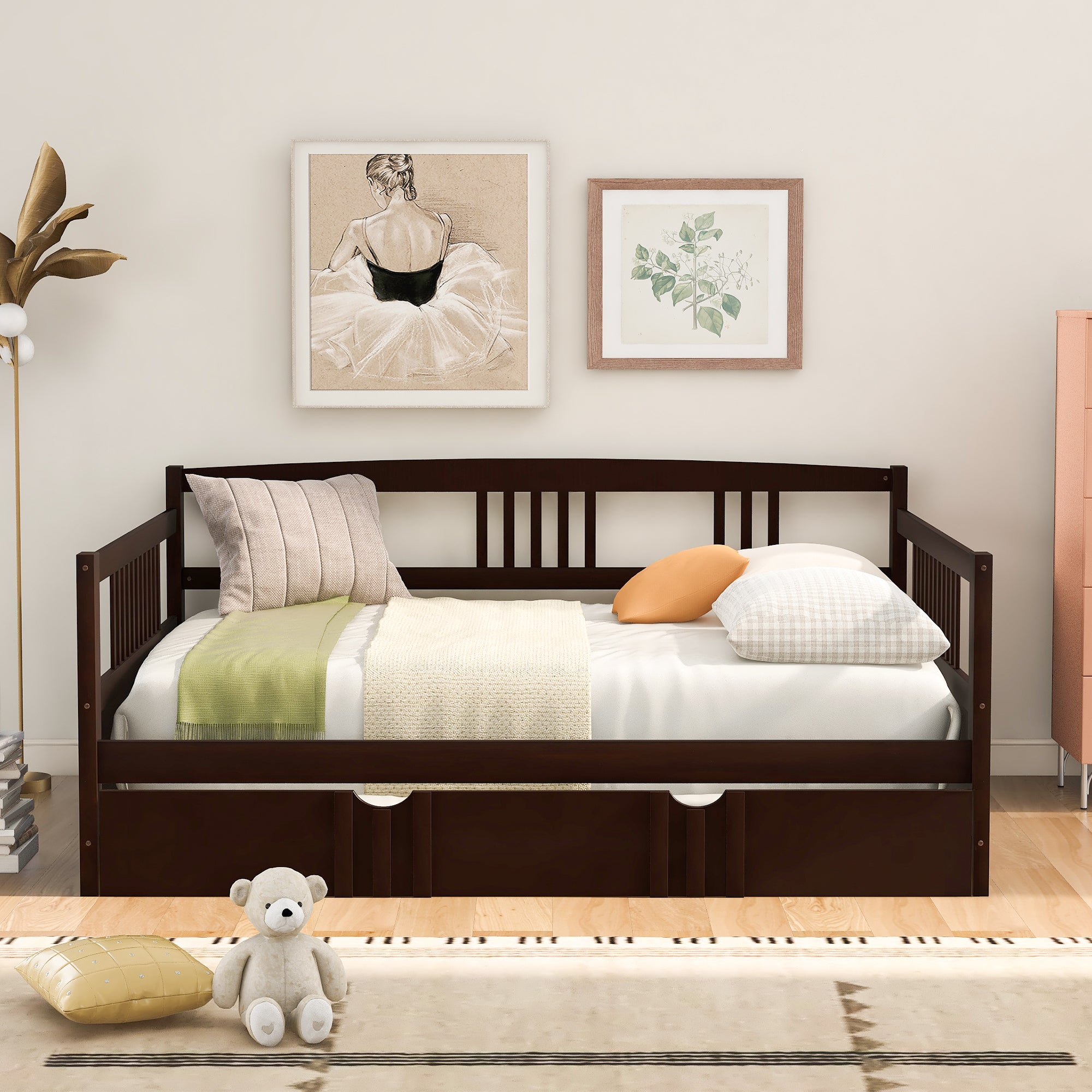 HAOYYE Full Size Daybed Wood Bed with Twin Size Trundle,Espresso Sturdy Space-Saving Heavy Duty Modern Design Adults Dorm Room Easy Assembly Bedroom Furniture