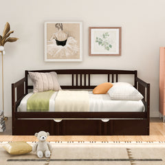 HAOYYE Full Size Daybed Wood Bed with Twin Size Trundle,Espresso Sturdy Space-Saving Heavy Duty Modern Design Adults Dorm Room Easy Assembly Bedroom Furniture