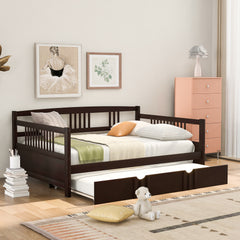 HAOYYE Full Size Daybed Wood Bed with Twin Size Trundle,Espresso Sturdy Space-Saving Heavy Duty Modern Design Adults Dorm Room Easy Assembly Bedroom Furniture