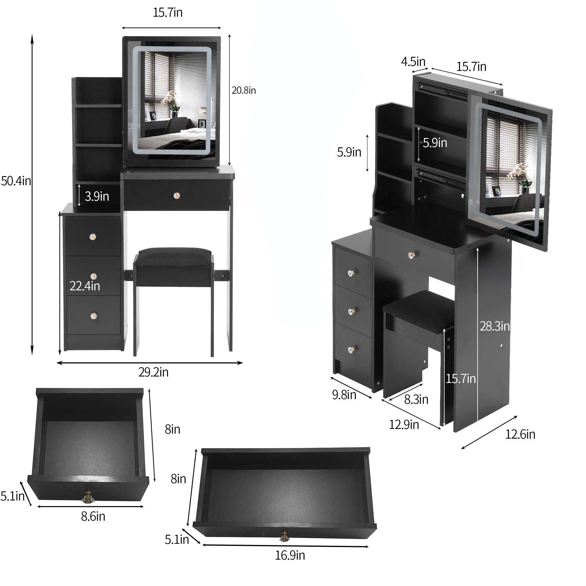 HAOYYE Small Size Left Bedside Cabinet Vanity Table + Cushioned Stool, Touch Control Sliding LED Mirror, Tri-color Switching, Brightness Adjust, Multi Layer, Suitable for Small Space, EPA,GCC,UL Certificate