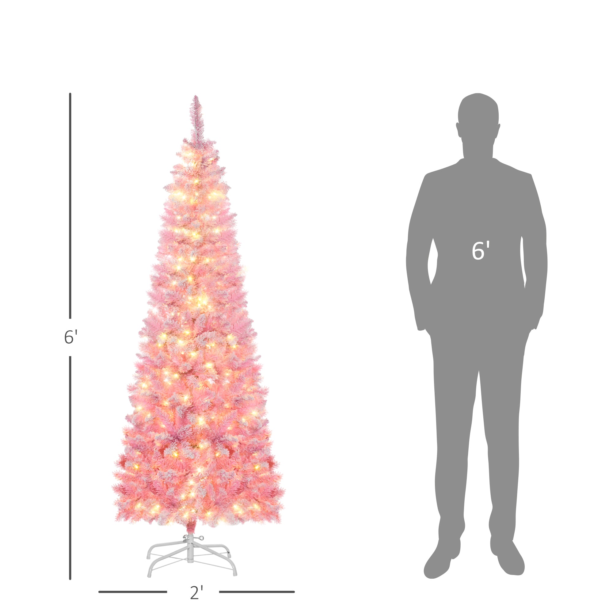 HAOYYE 6ft Prelit Snow Flocked Artificial Christmas Tree with Pencil Shape, Pine Realistic Branches, Warm White LED lights, Auto Open, Pink and White Sturdy Space-Saving Heavy Duty Modern Design