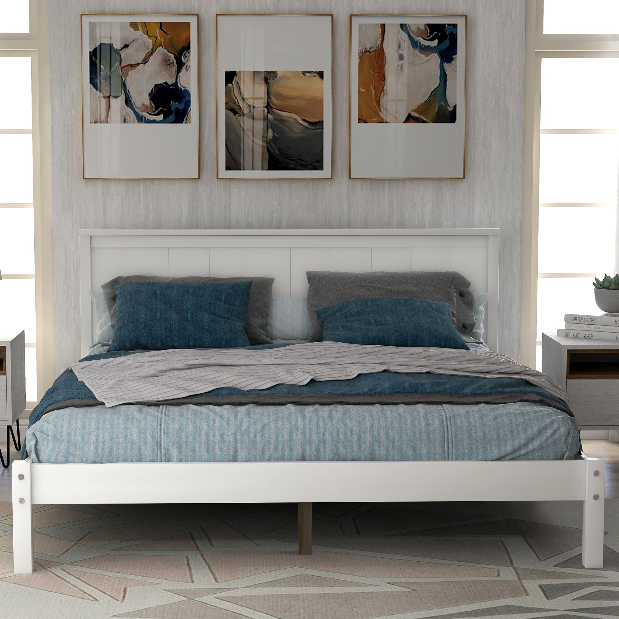 HAOYYE Platform Bed Frame with Headboard , Wood Slat Support , No Box Spring Needed ,Full,White(OLD SKU:WF191419AAK) Sturdy Space-Saving Heavy Duty Modern Design Easy Assembly Durable Stylish Home Furniture