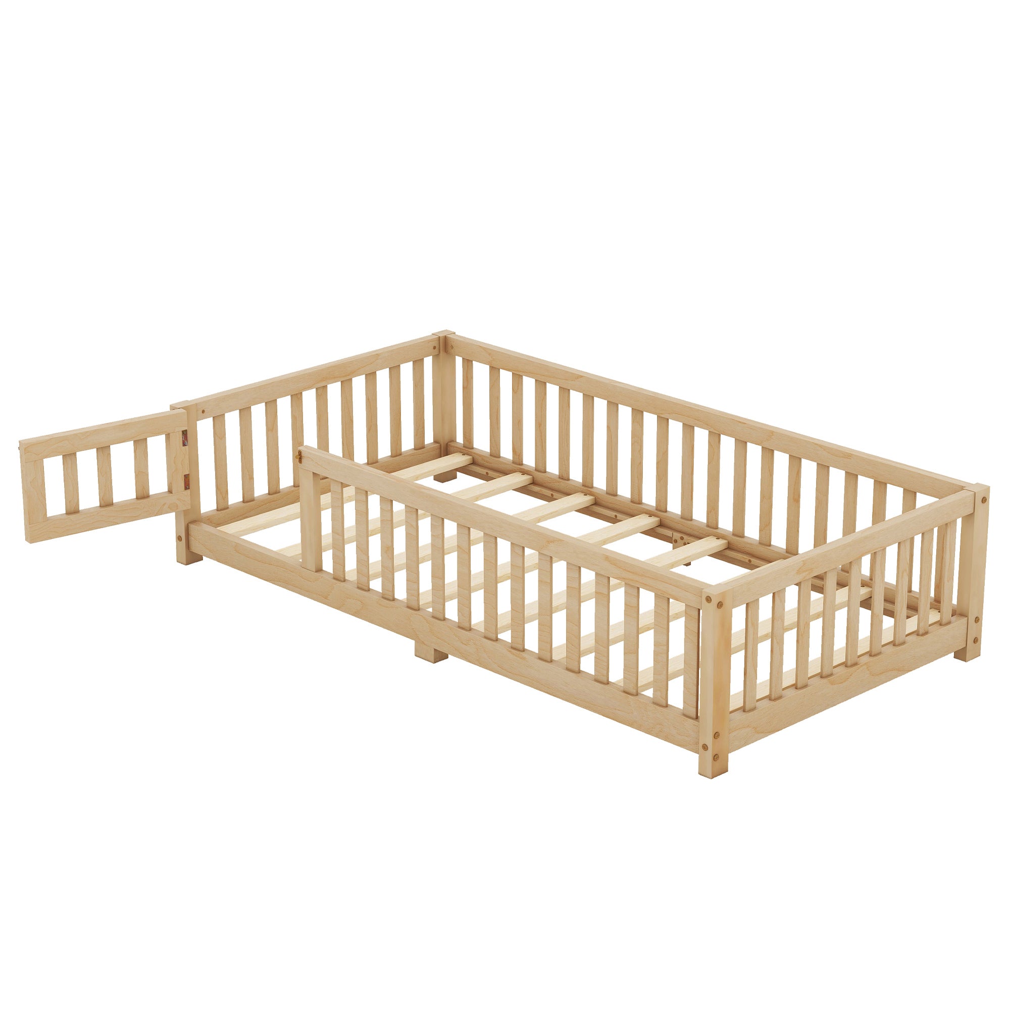 HAOYYE Twin Size Bed Floor Bed with Safety Guardrails and Door for , Natural(Old SKU: W158090686) Sturdy Space-Saving Heavy Duty Modern Design Adults Dorm Room Easy Assembly Bedroom Furniture