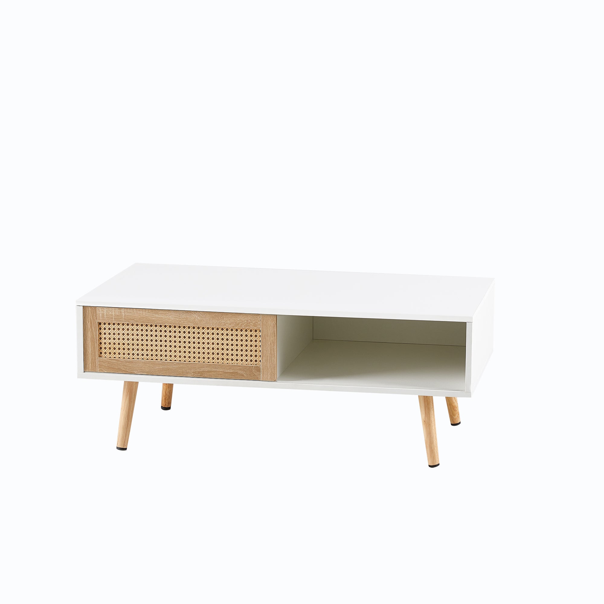 HAOYYE 41.34" Rattan Coffee Table with Sliding Door Storage, Solid Wood Legs, Modern Design for Living Room, White, Sturdy Space-Saving Heavy Duty Construction, Easy Assembly, Ideal for Adults and Dorm Rooms
