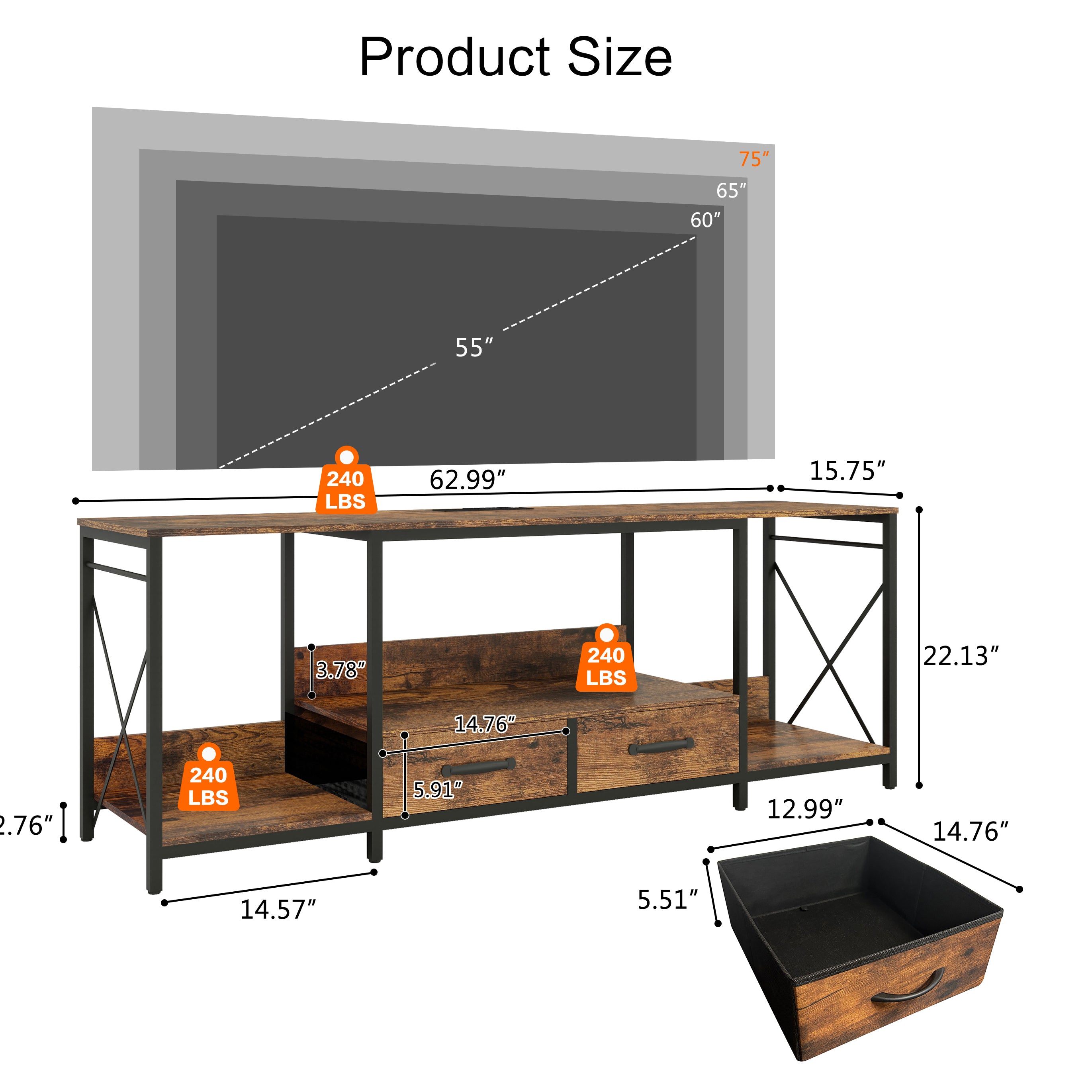 HAOYYE TV Stand with LED Lights and Power Outlets, TV Console with Fabric Drawers for 65-75 Inch TVs, Industrial Entertainment Center with Open Storage Shelves, Modern TV Stand for Living Room, Bedroom