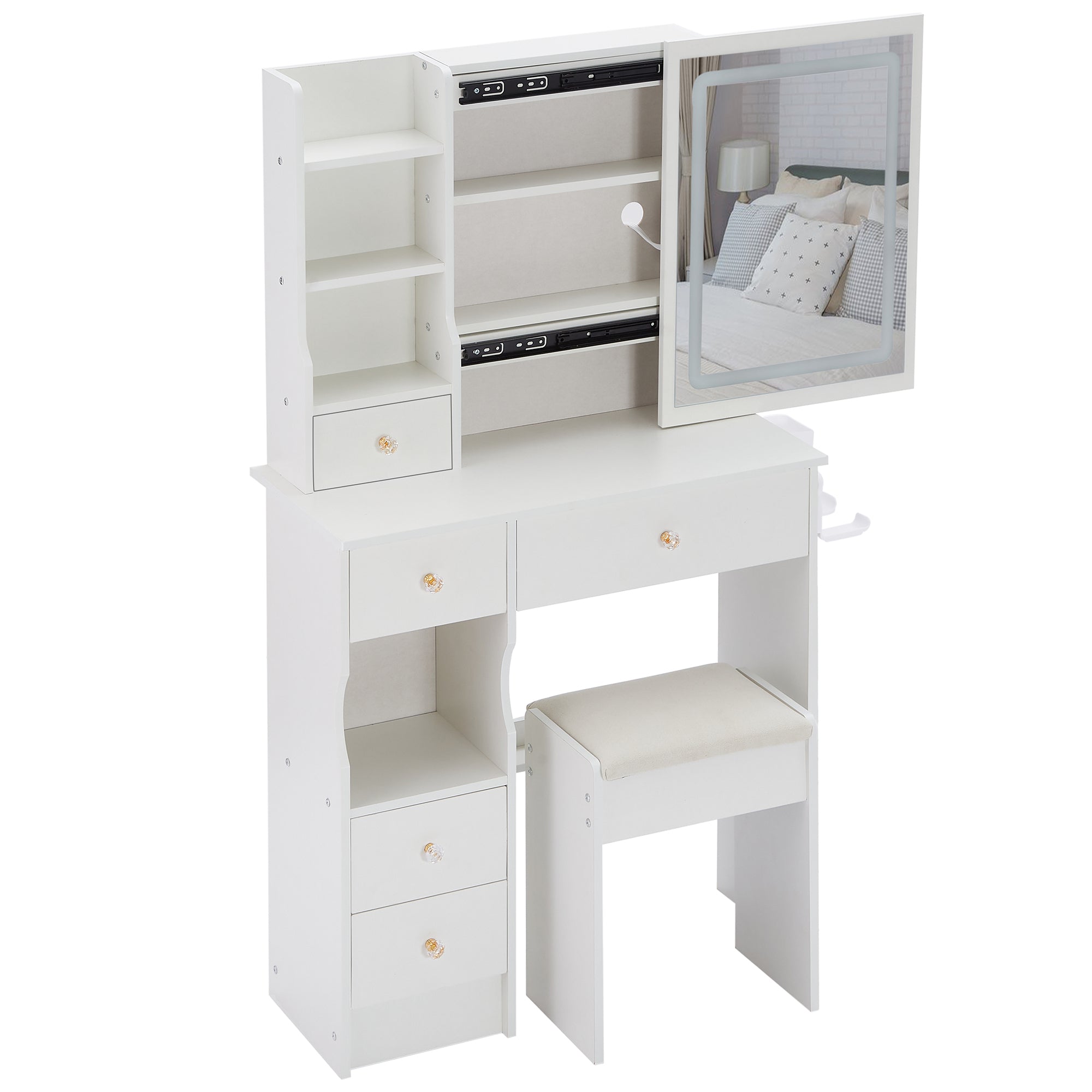 HAOYYE Compact Vanity Table With Left Drawer, Cushioned Stool, Touch-Control Sliding LED Mirror With Tri-Color Switching, Built-In Power Station, Hair Dryer Bracket, Certified By EPA, GCC, And UL