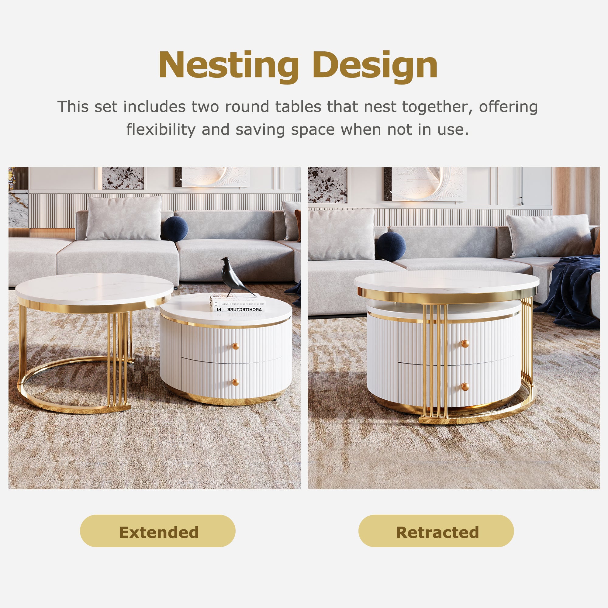 HAOYYE Modern 2-Piece White Round Nesting Coffee Table with Drawers, Sturdy and Space-Saving Design, Heavy Duty Construction, Ideal for Living Room, Bedroom, and Dorm Rooms, Easy Assembly for Adults