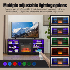 HAOYYE Modern TV Stand With Electric Fireplace, Glass Shelves, 3D Wood Design, LED Lights, And USB Charging Outlet – Entertainment Console Table For TVs From 32 To 62 Inch, Sturdy, Space-Saving Heavy Duty Media Center In Black