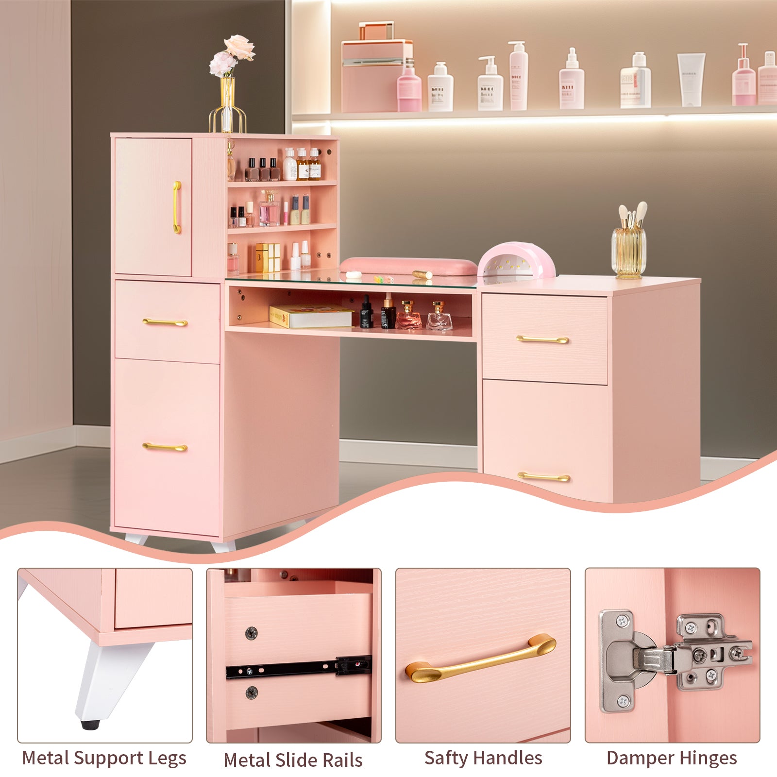 HAOYYE Pink Nail Table with Tempered Glass Top and Relief Particle Board Finish, Featuring Three Doors and Two Drawers, Fanless Quiet Design Perfect for Salon Manicure Station or Home Beauty Workspace