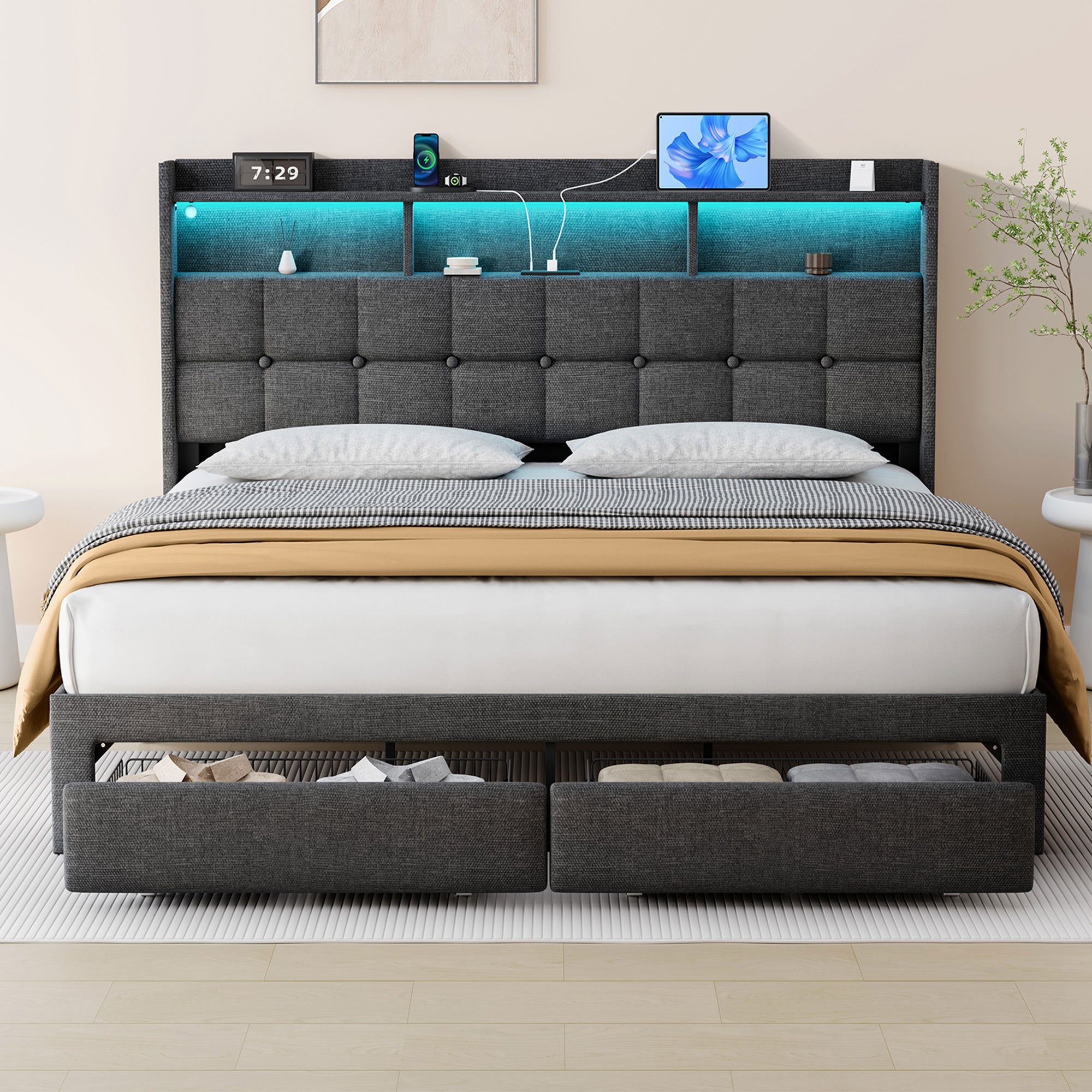 HAOYYE BED 778KING-DG-CLB Sturdy Space-Saving Heavy Duty Modern Design Adults Dorm Room Easy Assembly Bedroom Furniture